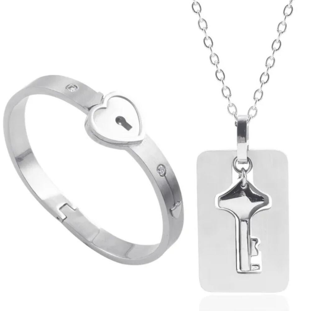 Stainless steel locking silver bracelet with key necklace and heart shape lock